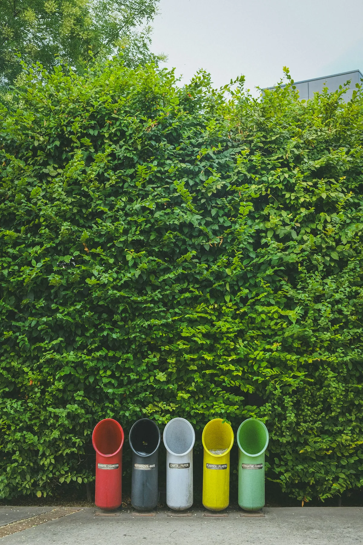 Bunte Recyclingbehälter vor einer grünen Hecke